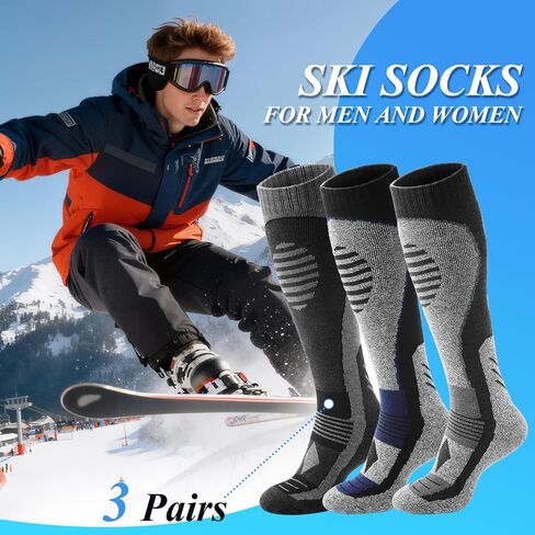 Ski Socks Men - 3 Pairs Hiking Wool Socks Mens Women Knee High Long Thermal Warm Sock L in Kuwait