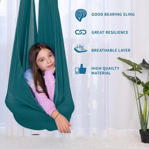 أرجوحة حسية OUTREE للأطفال مع شماعة دوارة 360 درجة، أرجوحة علاجية داخلية رائعة لمرض التوحد، واضطراب فرط الحركة ونقص الانتباه، واضطراب المعالجة الحسية، والأطفال المصابين بالتوحد (أزرق مخضر داكن‌) in Kuwait