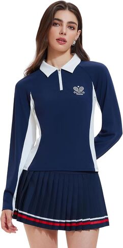 Women's Tennis 2-Piece Skirt Set, Half-Zip Polo Top & Pleated Skort (Built-In Shorts), Athletic Outfit for Golf & Gym in Saudi Arabia