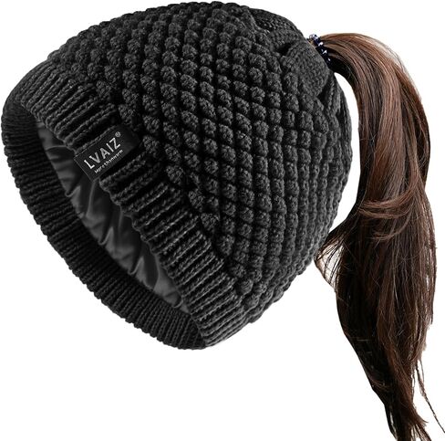 Lvaiz Hats Satin Lined Ponytail Beanie Knit Winter Hat for Women High Messy Bun Hat with Ponytail Hole Warm Skull Cap Women in Kuwait