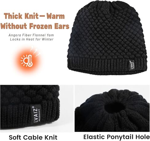 Lvaiz Hats Satin Lined Ponytail Beanie Knit Winter Hat for Women High Messy Bun Hat with Ponytail Hole Warm Skull Cap Women in Kuwait