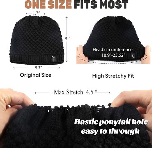 Lvaiz Hats Satin Lined Ponytail Beanie Knit Winter Hat for Women High Messy Bun Hat with Ponytail Hole Warm Skull Cap Women in Kuwait
