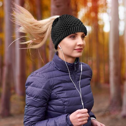 Lvaiz Hats Satin Lined Ponytail Beanie Knit Winter Hat for Women High Messy Bun Hat with Ponytail Hole Warm Skull Cap Women in Kuwait