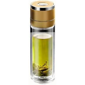 Glass Water Bottle Fits in Car Cup Holder, 14 oz Double Wall Borosilicate Glass Tea Infuser Bottle, One Handed One Key Lid Opening, for Car, Home, Office in Saudi Arabia