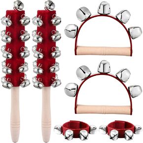6 Pcs Christmas Handle Sleigh Bells, Include 2 Wooden Hand Bells 2 Sleigh Bells and 2 Wrist Band Bells for Holiday Music, Birthday Gifts, Festive Silver Bells for Christmas Celebration (Red) in Saudi Arabia