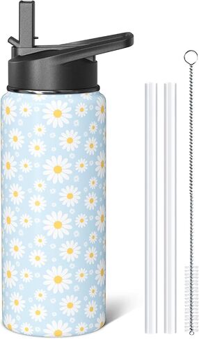 18oz Daisy Water Bottles with Flip Straw & Spout Lid, Double Wall Stainless Steel Travel Sport Bottle, Blue Gym Gifts for Women Men (1PC) in Saudi Arabia