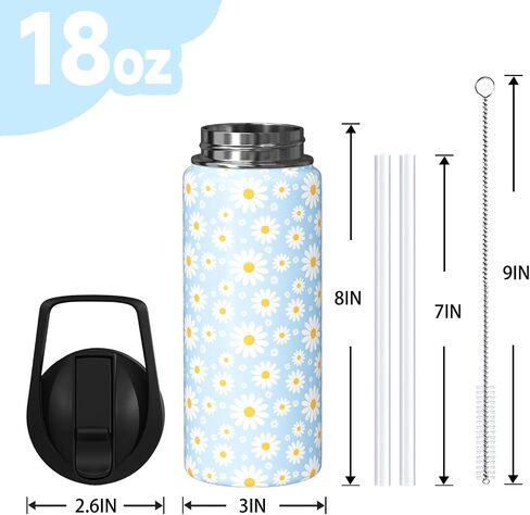 18oz Daisy Water Bottles with Flip Straw & Spout Lid, Double Wall Stainless Steel Travel Sport Bottle, Blue Gym Gifts for Women Men (1PC) in Saudi Arabia