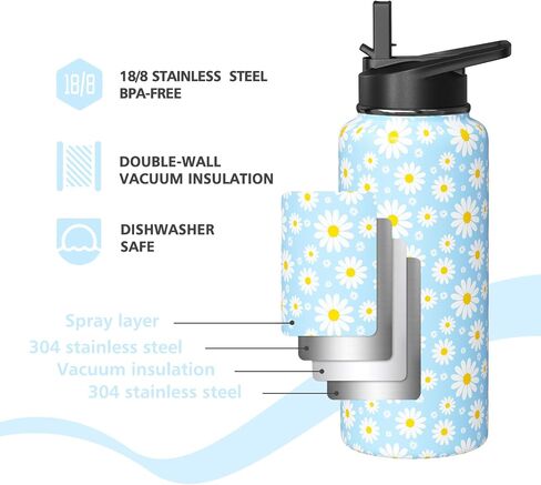 18oz Daisy Water Bottles with Flip Straw & Spout Lid, Double Wall Stainless Steel Travel Sport Bottle, Blue Gym Gifts for Women Men (1PC) in Saudi Arabia