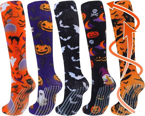 5 Pairs Halloween Non Slip Compression Socks for Women Men 20-30 Mmhg Knee High Anti Skid Compression Socks with Grips Support for Nurses Pregnancy Running Travel in Saudi Arabia