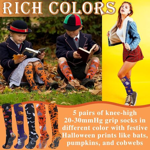 5 Pairs Halloween Non Slip Compression Socks for Women Men 20-30 Mmhg Knee High Anti Skid Compression Socks with Grips Support for Nurses Pregnancy Running Travel in Saudi Arabia