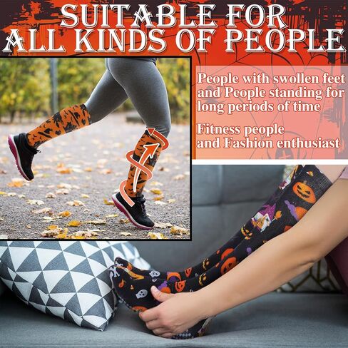 5 Pairs Halloween Non Slip Compression Socks for Women Men 20-30 Mmhg Knee High Anti Skid Compression Socks with Grips Support for Nurses Pregnancy Running Travel in Saudi Arabia