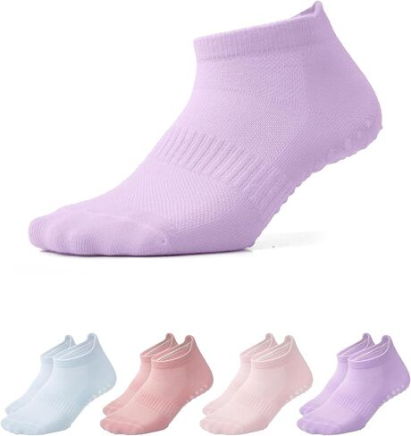 Pilates Ankle Grip Socks for Women – Non-Terry, Lightweight Non-Slip Yoga Barre Crew Socks with Grips – Breathable Cotton in Kuwait