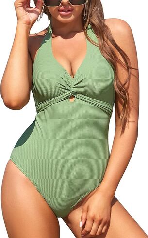 Women's Wrap Halter Push Up One Piece Swimsuit Textured Waffle Keyhole Backless Bathing Suit in Saudi Arabia