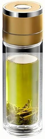 Glass Water Bottle Fits in Car Cup Holder, 14 oz Double Wall Borosilicate Glass Tea Infuser Bottle, One Handed One Key Lid Opening, for Car, Home, Office in Saudi Arabia