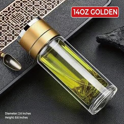 Glass Water Bottle Fits in Car Cup Holder, 14 oz Double Wall Borosilicate Glass Tea Infuser Bottle, One Handed One Key Lid Opening, for Car, Home, Office in Saudi Arabia