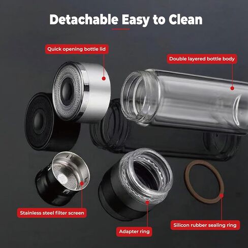 Glass Water Bottle Fits in Car Cup Holder, 14 oz Double Wall Borosilicate Glass Tea Infuser Bottle, One Handed One Key Lid Opening, for Car, Home, Office in Saudi Arabia