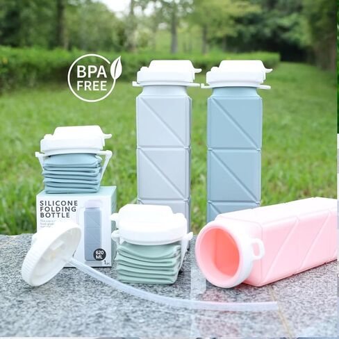 زجاجة مياه رياضية قابلة للطي بوزن 21 أونصة مع قش، خفيفة الوزن وخالية من مادة BPA، زجاجات محكمة مانعة للتسرب للسفر والمشي لمسافات طويلة، سهلة الحمل (أخضر مموه) in Kuwait