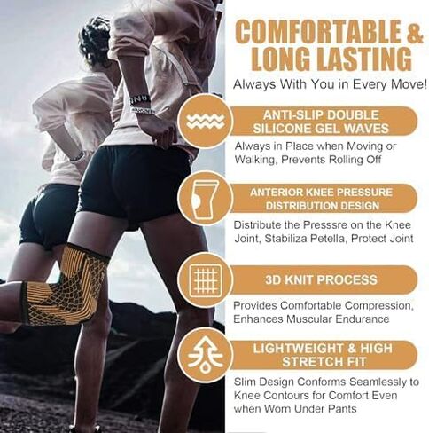 Knee Brace for Women & Men1 Pair, Copper Knee Braces for Knee Pain and Support, Copper Ions Fiber Compression Knee Sleeve for Running, Meniscus Tear, ACL, Joint Pain Relief (2, Medium) in Saudi Arabia