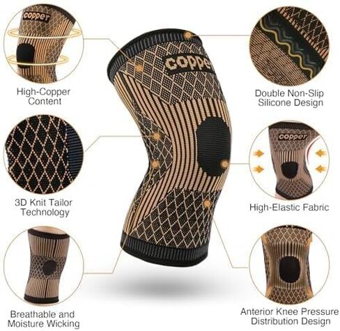 Knee Brace for Women & Men1 Pair, Copper Knee Braces for Knee Pain and Support, Copper Ions Fiber Compression Knee Sleeve for Running, Meniscus Tear, ACL, Joint Pain Relief (2, Medium) in Saudi Arabia