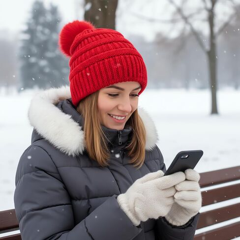 قبعة شتوية نسائية منسوجة من Pompom Beanie مع بطانة من الصوف الدافئ in Kuwait