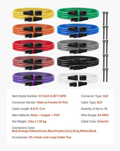 VEVOR XLR Cable 6.5 ft, 10 Pack, Shielded Balanced DMX Male to Female Microphone Cables, Gold-Plated 3-Pin XLR Mic Speaker Cord Wire, for Stage Lighting, Microphones, Amplifier, Mixer, Speaker Systems in Saudi Arabia