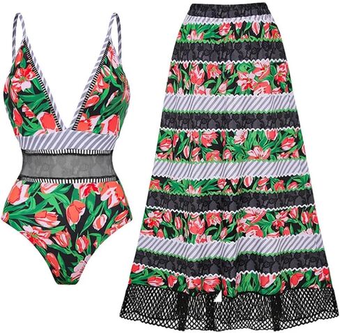 FLAXMAKER Women One Piece Deep V Neck Grapes Print Padded Swimsuit Two Piece Swimwear Bathing Suits in Saudi Arabia