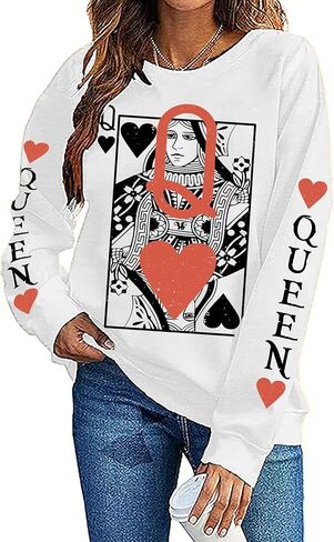سويت شيرت Queen Of Hearts للنساء، قمصان نسائية كلاسيكية مضحكة، بلوفر علوي لطيف بأكمام طويلة in Kuwait
