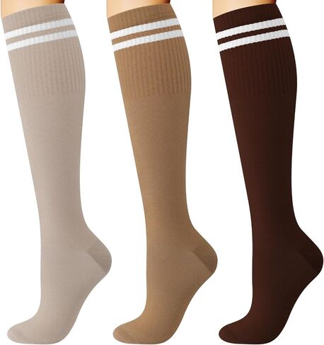 Shihanee 3 Pairs Striped Compression Socks for Women Men 15-25mmHg Circulation Knee High Athletic Socks for Support in Saudi Arabia