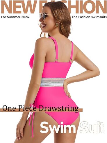 Women's One Piece Swimsuits Tummy Control Bathing Suits for Womens Color Block Drawstring V Neck Slimming Swimwear in Saudi Arabia