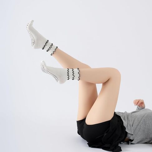 Verdancy Women’s Yoga Pilates Socks with Frill Top Non Slip Cushioned Grips Crew Mid Calf Socks in Saudi Arabia