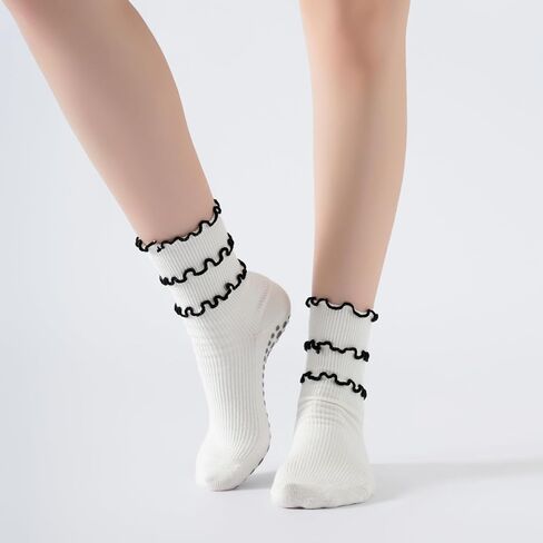 Verdancy Women’s Yoga Pilates Socks with Frill Top Non Slip Cushioned Grips Crew Mid Calf Socks in Saudi Arabia