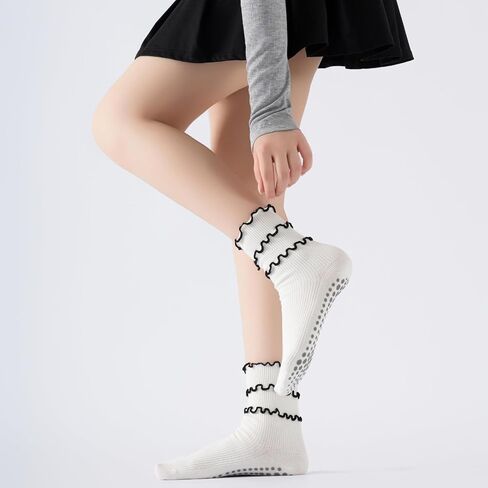 Verdancy Women’s Yoga Pilates Socks with Frill Top Non Slip Cushioned Grips Crew Mid Calf Socks in Saudi Arabia