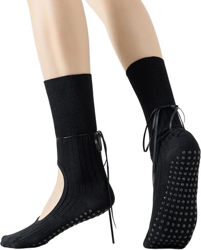 Yawlsow Pilates Socks with Bow for Woman, Grippy Yoga Ribbon Crew Sock, Non Slip for Barre Dance Workout House in Saudi Arabia