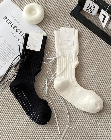 Yawlsow Pilates Socks with Bow for Woman, Grippy Yoga Ribbon Crew Sock, Non Slip for Barre Dance Workout House in Saudi Arabia