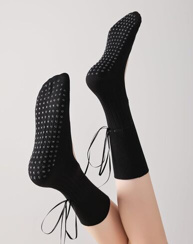 Yawlsow Pilates Socks with Bow for Woman, Grippy Yoga Ribbon Crew Sock, Non Slip for Barre Dance Workout House in Saudi Arabia