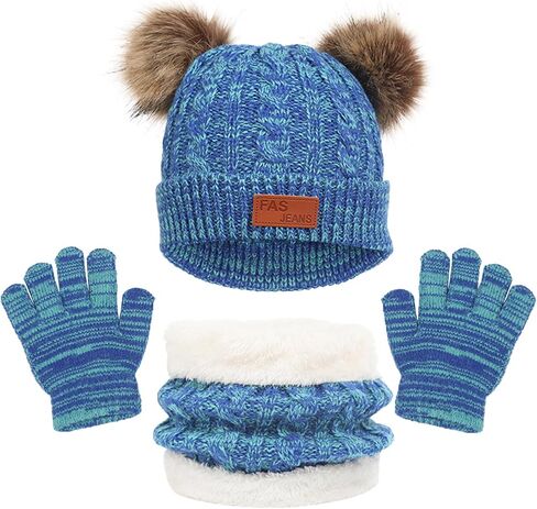 Kids Hats and Gloves Sets,Warm Knit Winter Beanie Hat Scarf Gloves for Boys Girls Pom Poms Toddler Hats 1-11 Years in Kuwait