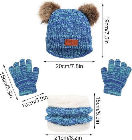 Kids Hats and Gloves Sets,Warm Knit Winter Beanie Hat Scarf Gloves for Boys Girls Pom Poms Toddler Hats 1-11 Years in Kuwait