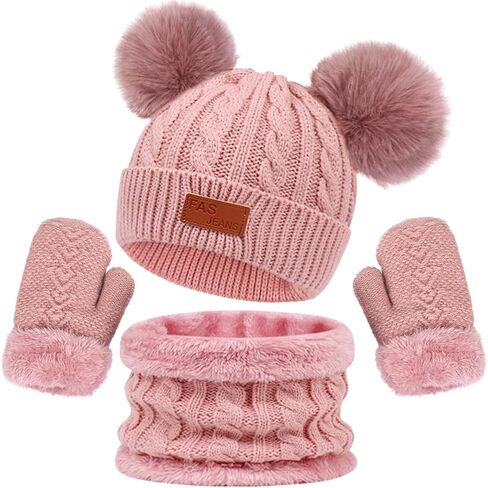 Kids Hats and Gloves Sets,Warm Knit Winter Beanie Hat Scarf Gloves for Boys Girls Pom Poms Toddler Hats 1-11 Years in Kuwait