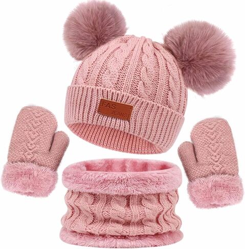 Kids Hats and Gloves Sets,Warm Knit Winter Beanie Hat Scarf Gloves for Boys Girls Pom Poms Toddler Hats 1-11 Years in Kuwait