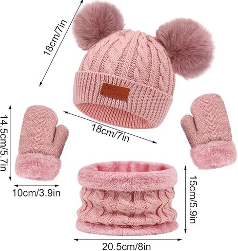 Kids Hats and Gloves Sets,Warm Knit Winter Beanie Hat Scarf Gloves for Boys Girls Pom Poms Toddler Hats 1-11 Years in Kuwait
