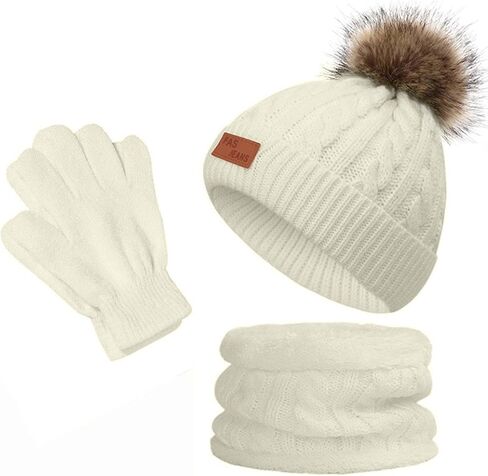 Kids Hats and Gloves Sets,Warm Knit Winter Beanie Hat Scarf Gloves for Boys Girls Pom Poms Toddler Hats 1-11 Years in Kuwait