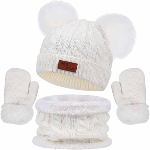 Kids Hats and Gloves Sets,Warm Knit Winter Beanie Hat Scarf Gloves for Boys Girls Pom Poms Toddler Hats 1-11 Years in Kuwait