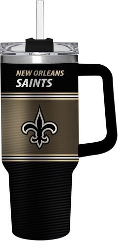 كوب NFL New Orleans Saints سعة 40 أونصة من الفولاذ المقاوم للصدأ مع مقبض وقش، كوب معزول بجدار مزدوج مع غطاء، زجاجة مياه خالية من مادة BPA، كوب سفر لكرة القدم مرخص رسميًا للقهوة والشاي in Saudi Arabia