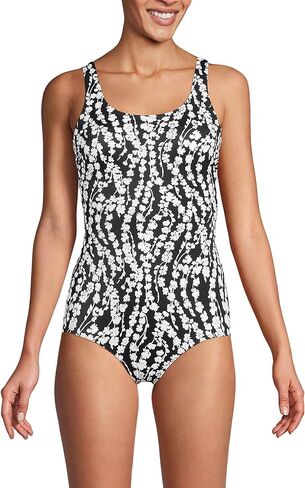 Lands' End Womens Chlorine Resistant Tugless Tank Soft Cup One Piece Swimsuit Black/White Vine Floral Mastectomy 10 in Saudi Arabia