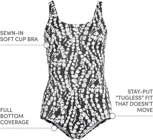 Lands' End Womens Chlorine Resistant Tugless Tank Soft Cup One Piece Swimsuit Black/White Vine Floral Mastectomy 10 in Saudi Arabia