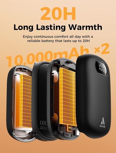 Aecooly 20000 مللي أمبير جهاز تدفئة اليد قابل لإعادة الشحن، عبوتان | ±0.5 درجة فهرنهايت الدقة | 72 مستوى تسخين ذكي | سخان كامل السطح مقاس 13.5 بوصة | أجهزة تدفئة اليد الكهربائية المغناطيسية، هدايا لعيد الميلاد، والتخييم، والصيد، والجولف in Saudi Arabia