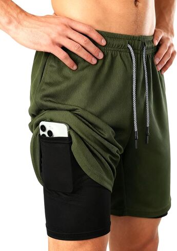 Men's 2 in 1 Workout Running Shorts with Zipper Pockets Lightweight Training Yoga Gym Short in Saudi Arabia
