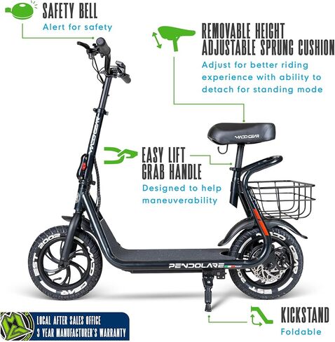 سكوتر كهربائي بمقعد للبالغين والمراهقين - إطارات هوائية مقاس 12 بوصة، محرك 450 واط، بطارية 48 فولت - ما يصل إلى 18.5 ميل في الساعة ونطاق 18 ميل - سكوتر إلكتروني قابل للطي - Madd Gear Pendolare in Kuwait