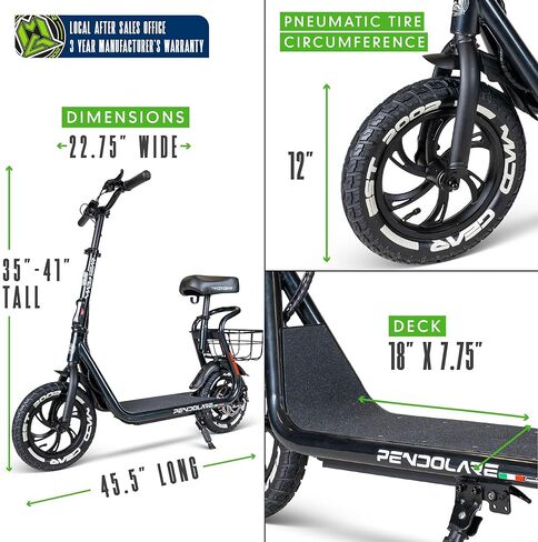 سكوتر كهربائي بمقعد للبالغين والمراهقين - إطارات هوائية مقاس 12 بوصة، محرك 450 واط، بطارية 48 فولت - ما يصل إلى 18.5 ميل في الساعة ونطاق 18 ميل - سكوتر إلكتروني قابل للطي - Madd Gear Pendolare in Kuwait