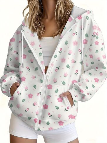 Women's Christmas Floral Zip Hoodie Soft Pink Print Sweatshirt Full Zip Front Comfortable Casual Jacket Hooded Top Coat in Saudi Arabia